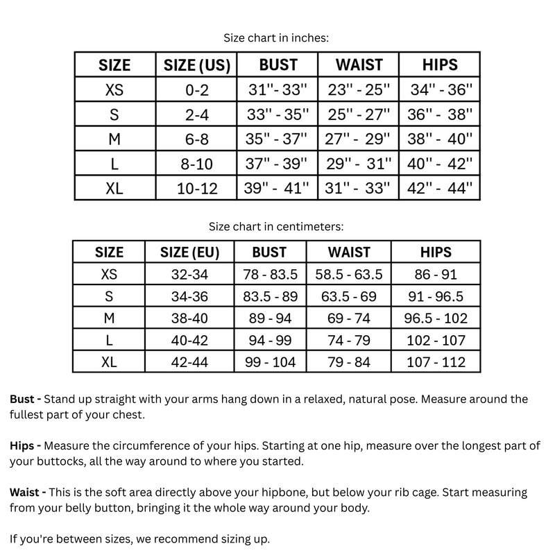 Size chart for AeroSculpt High-Neck Jumpsuit