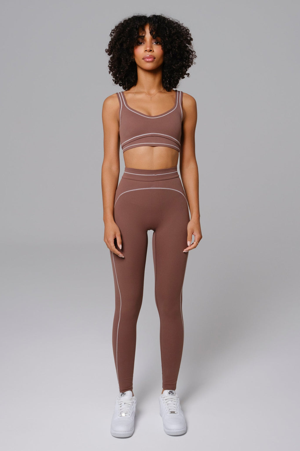 Woman wearing a Mocha workout set