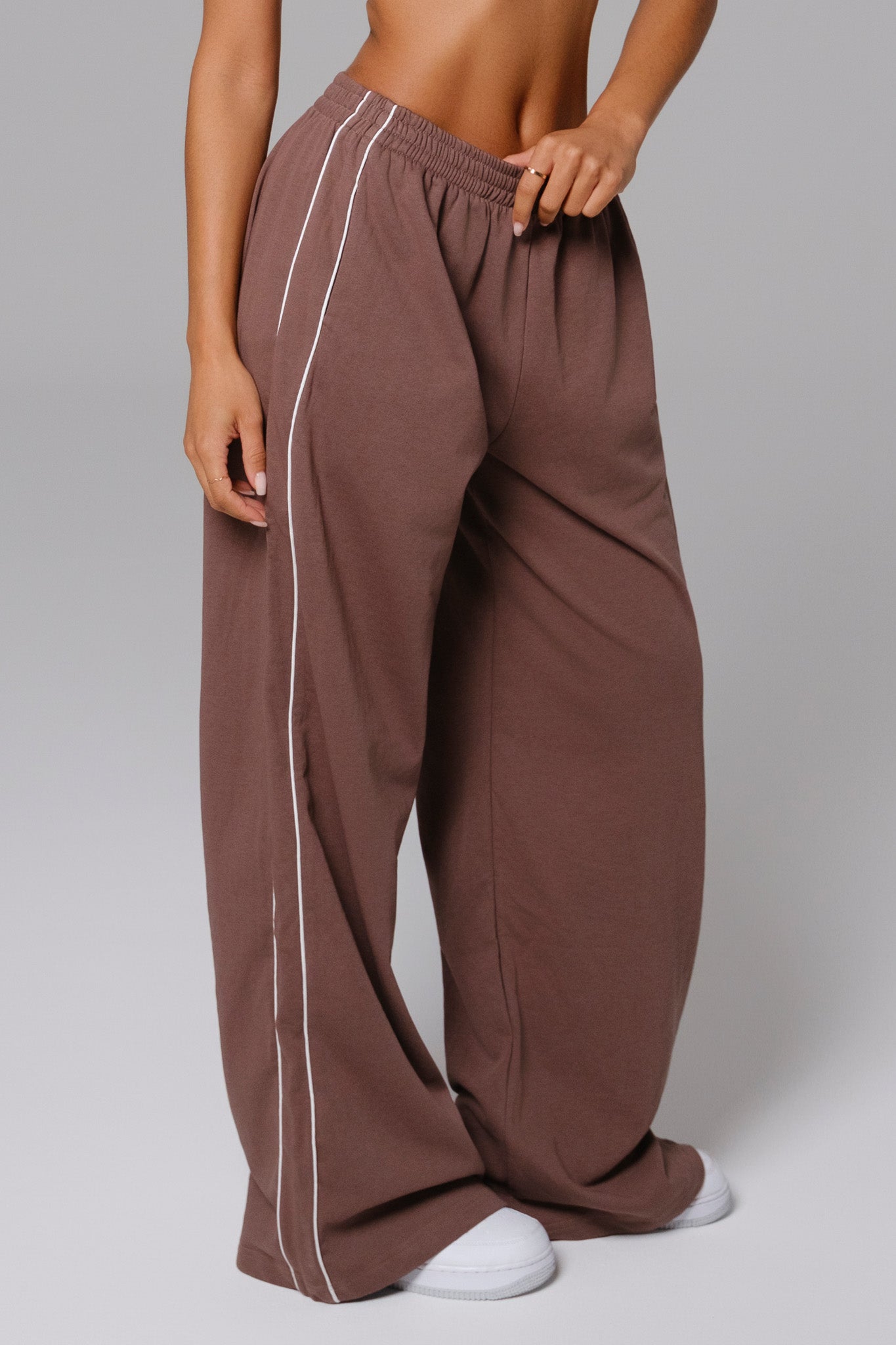 Brown mocha  wide-leg pants with a white stripe 