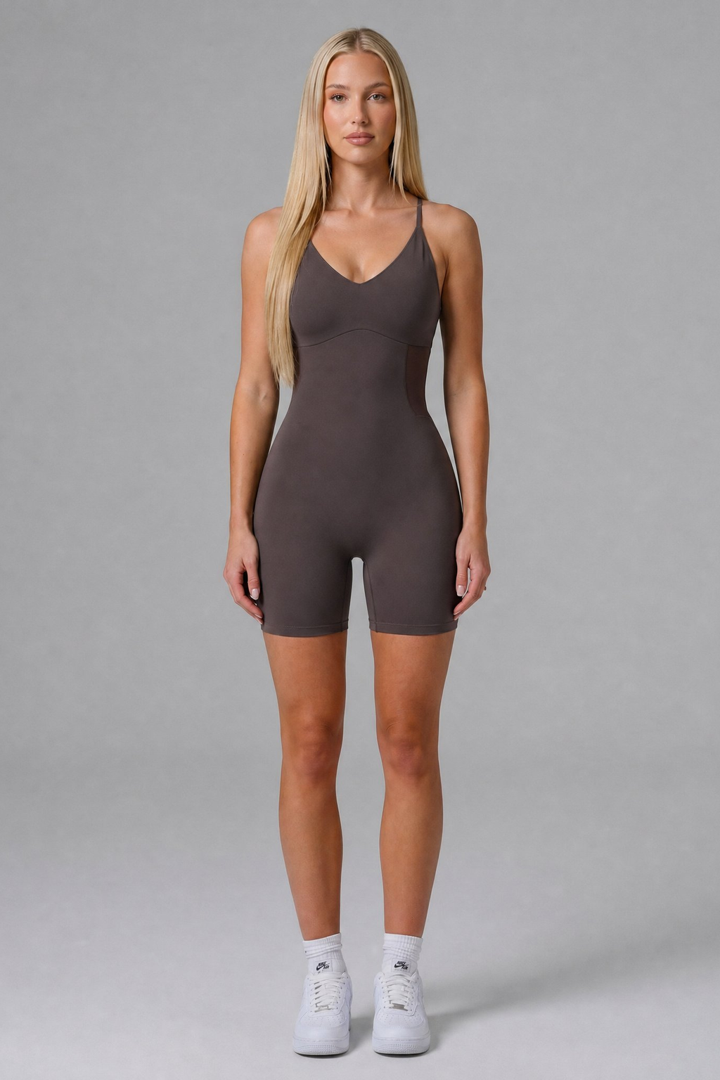 Sculpt Mesh‑Back Romper in Burnt Umber