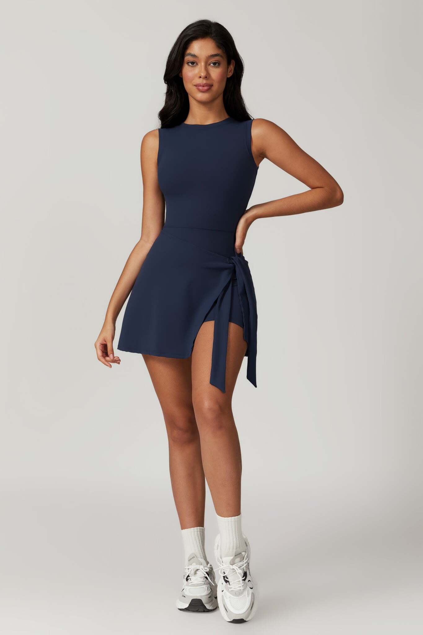 Side Tie Tennis Dress with Shorts - Navy