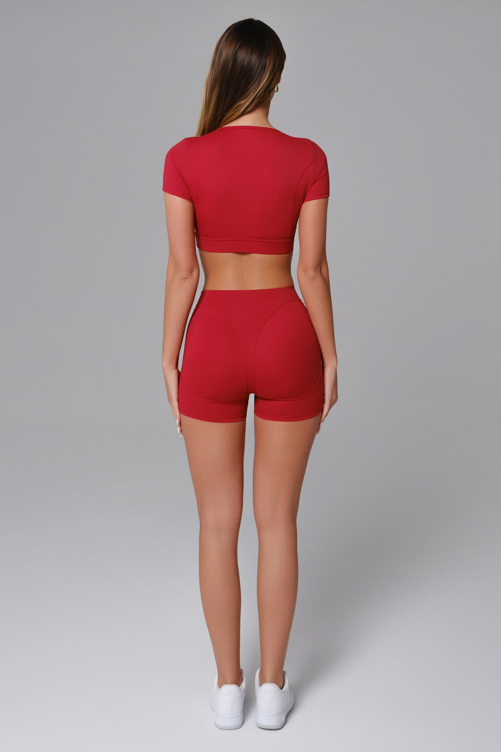 red mini shorts with matching short sleeve crop top