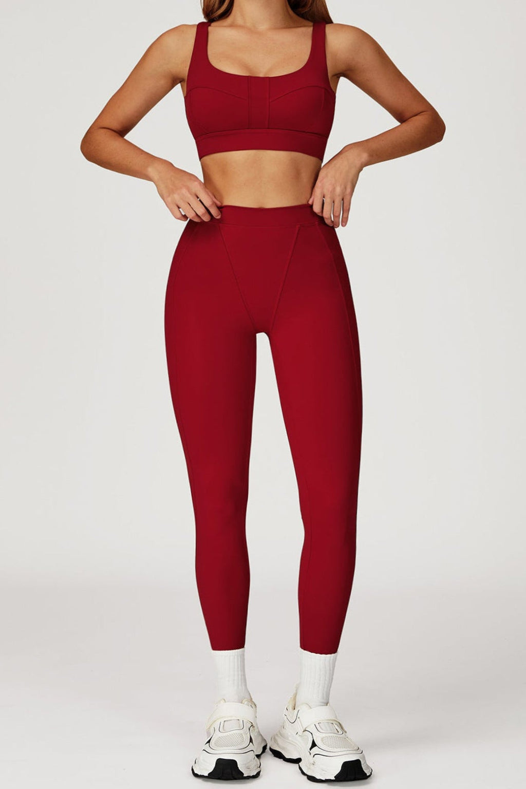 Red sports bra with matching leggings 