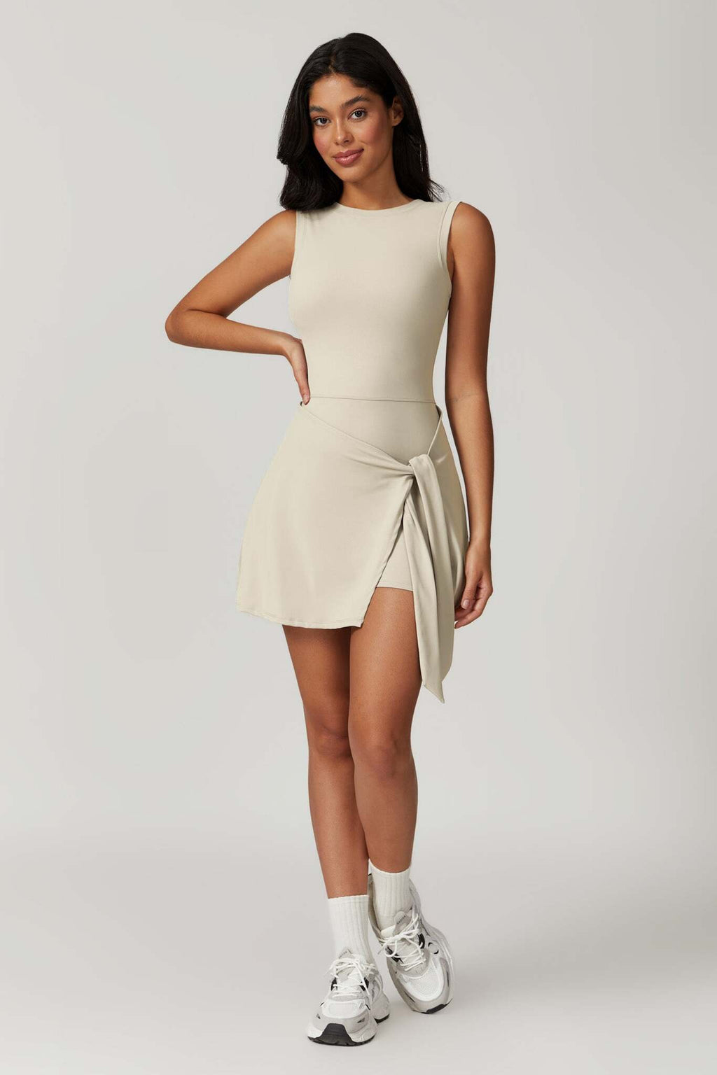 Side Tie Tennis Dress with Shorts - Cream