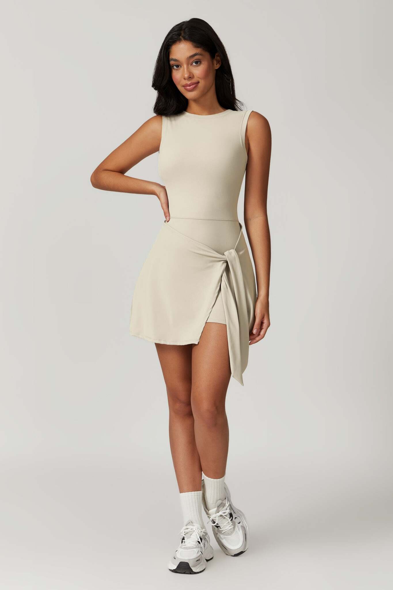 Side Tie Tennis Dress with Shorts - Cream