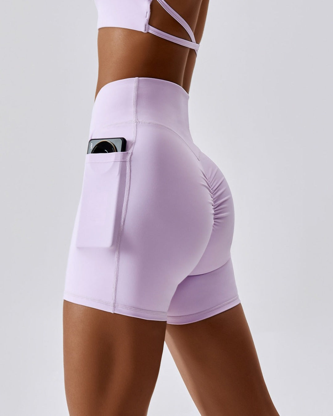 Lilac crossover scrunch bum mini shorts with pockets