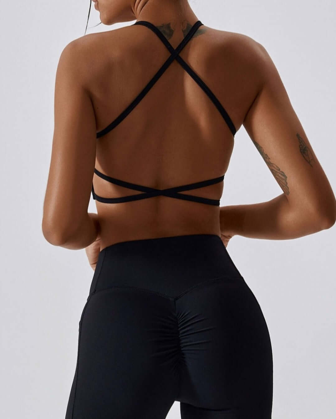 Black open back crossback detailing removable padding  sports bra 