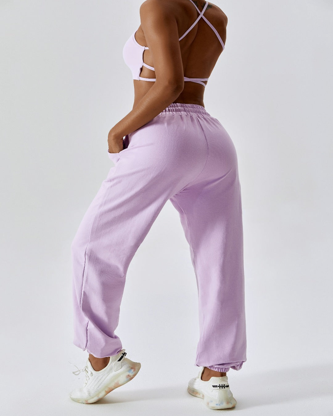 Lilac high waist drawstring waistband cuffed ankles joggers bottoms