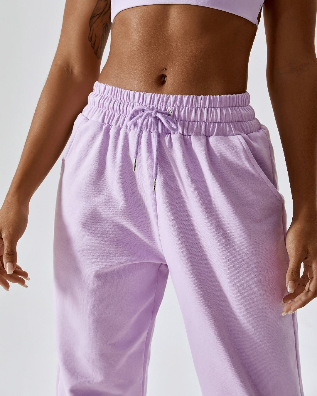Lilac high waist drawstring waistband cuffed ankles joggers bottoms