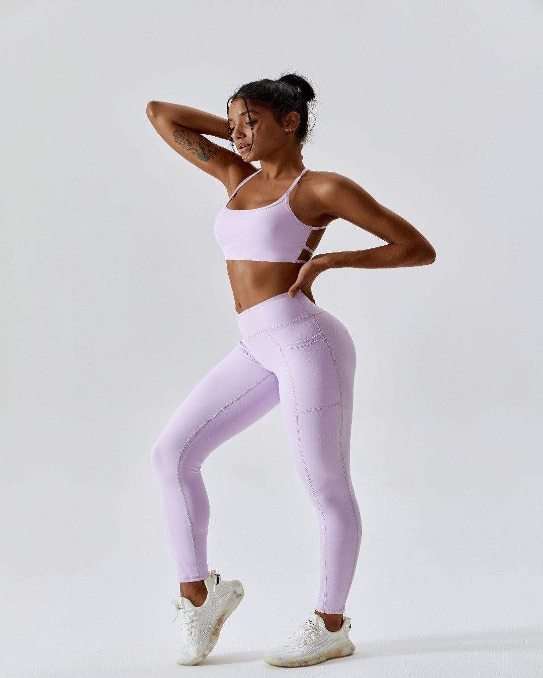 lilac crossover scrunch bum leggings with pockets