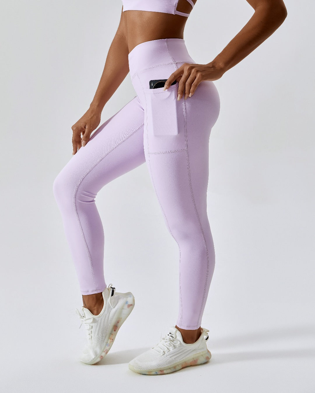 lilac crossover scrunch bum leggings with pockets