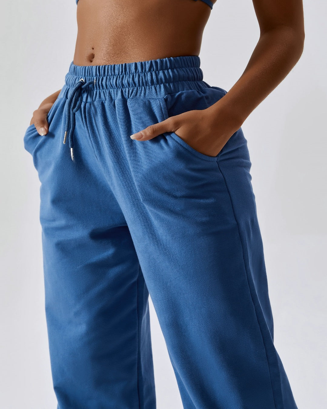 Blue high waist drawstring waistband cuffed ankles joggers bottoms