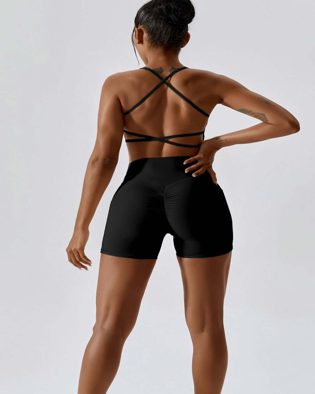 Black open back crossback detailing removable padding  sports bra 