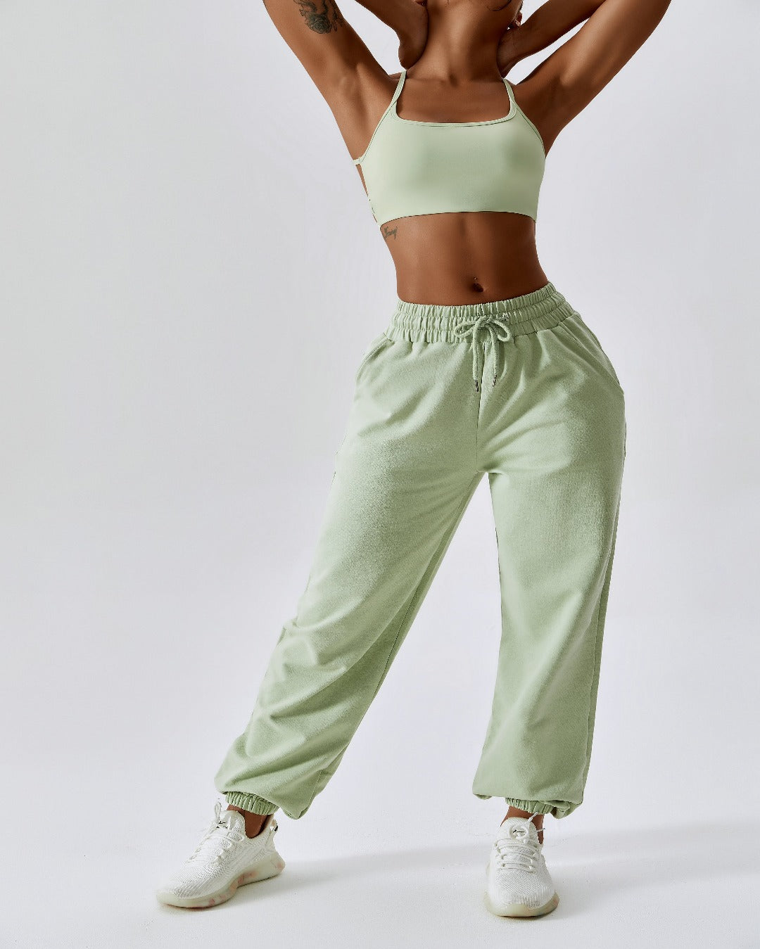 Pea green high waist drawstring waistband cuffed ankles joggers bottoms