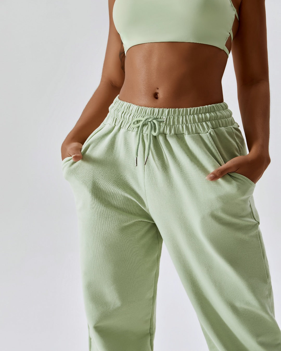 Pea green high waist drawstring waistband cuffed ankles joggers bottoms