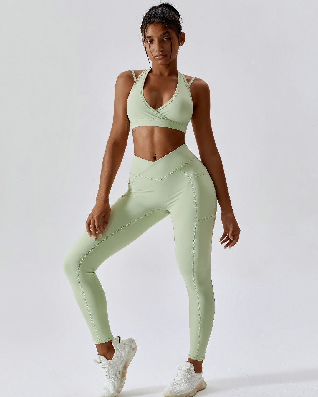 light green lilac crossover scrunch bum leggings with pockets