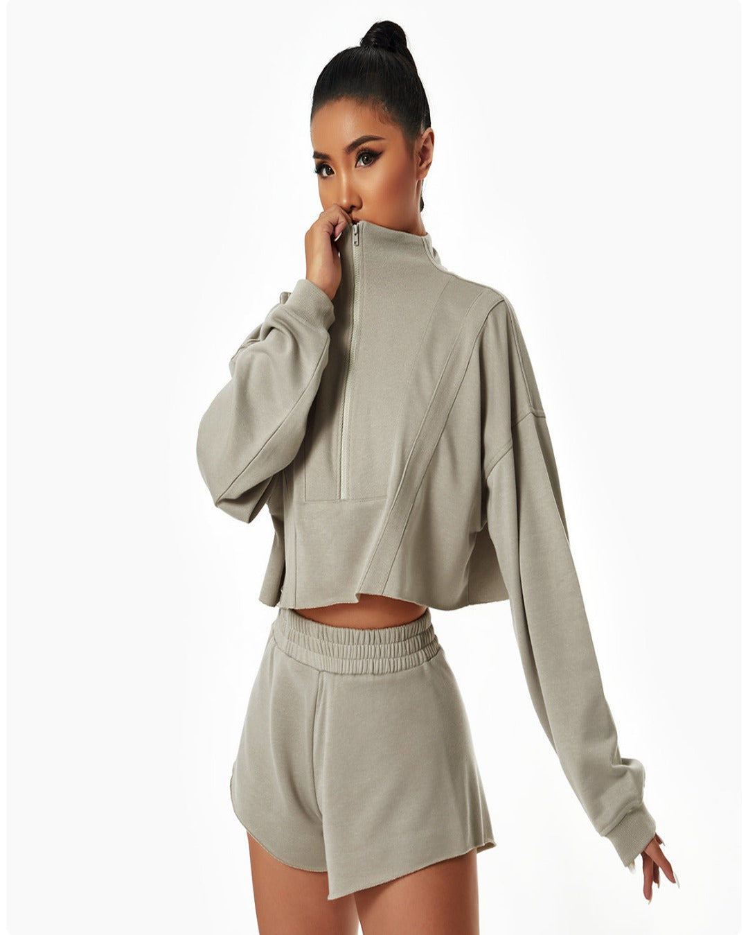 Gray Linen Cropped Sweatshirt