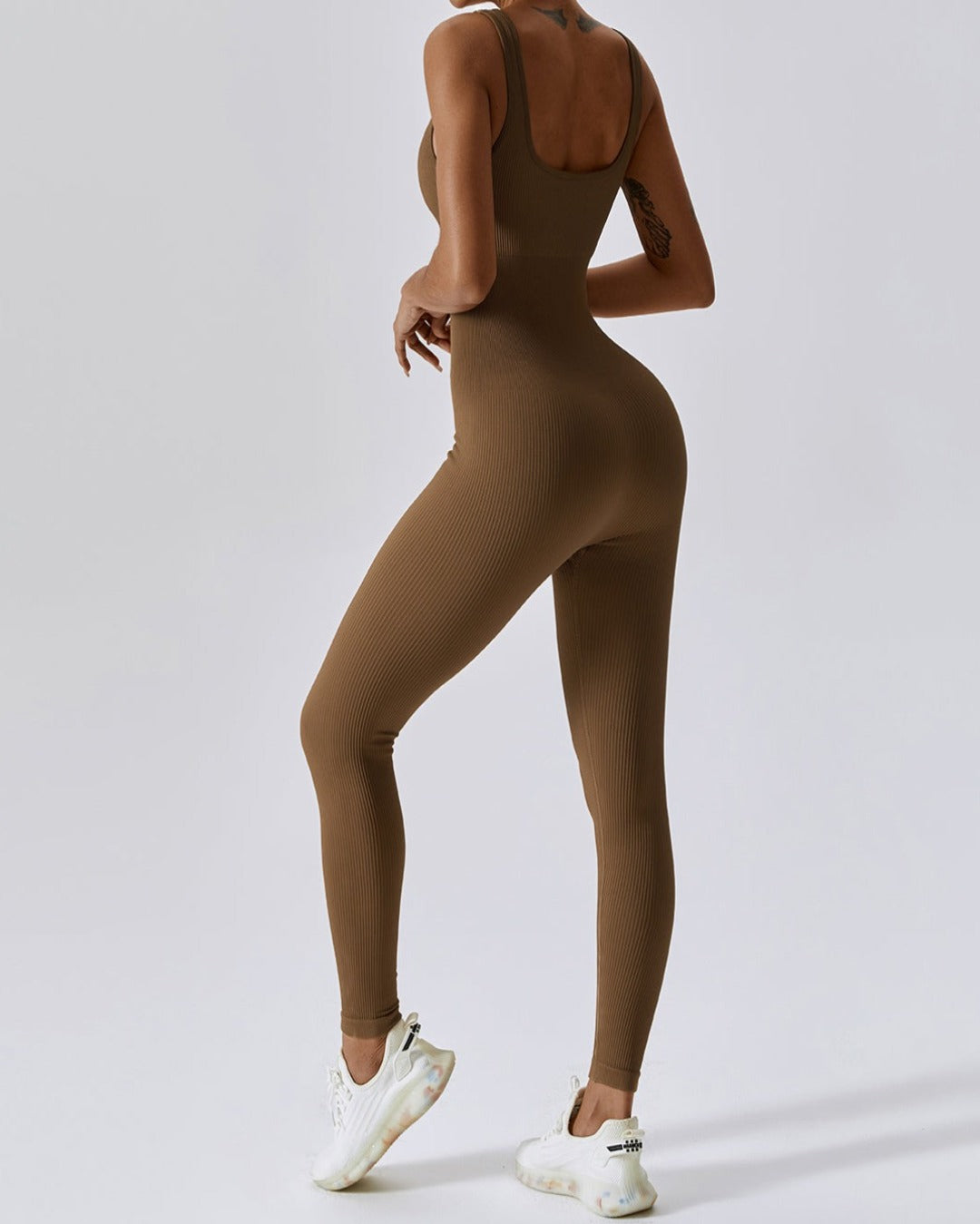 COMMITTED SCOOP NECK JUMPSUIT - COFFEE